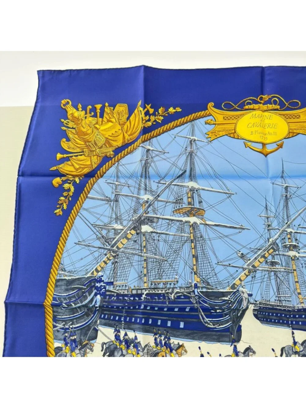 Hermes Scarf Horse Sea and Cavalry Silk 100% Blue
